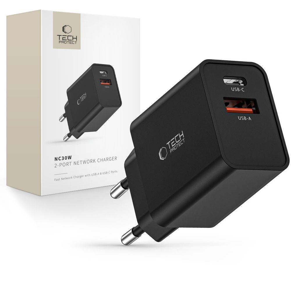 Επιτοίχιος Φορτιστής Tech-Protect NC30W USB-C PD 30W / USB-A QC 3.0 Μαύρο | www.lightgear.gr