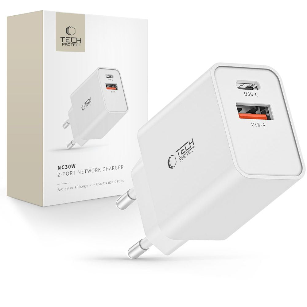 Επιτοίχιος Φορτιστής Tech-Protect NC30W USB-C PD 30W / USB-A QC 3.0 Λευκό | www.lightgear.gr