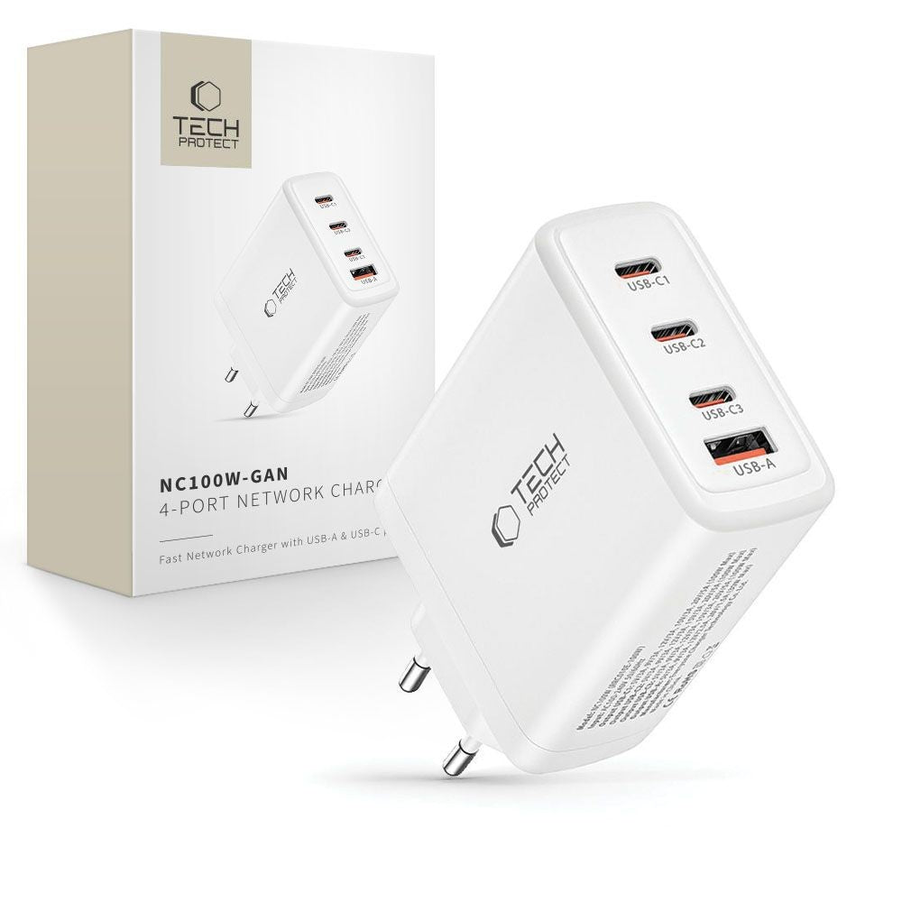 Επιτοίχιος Πολυφορτιστής Tech-Protect NC100W-GAN GaN 3x USB-C PD 100W / USB-A QC 3.0 Λευκό | www.lightgear.gr