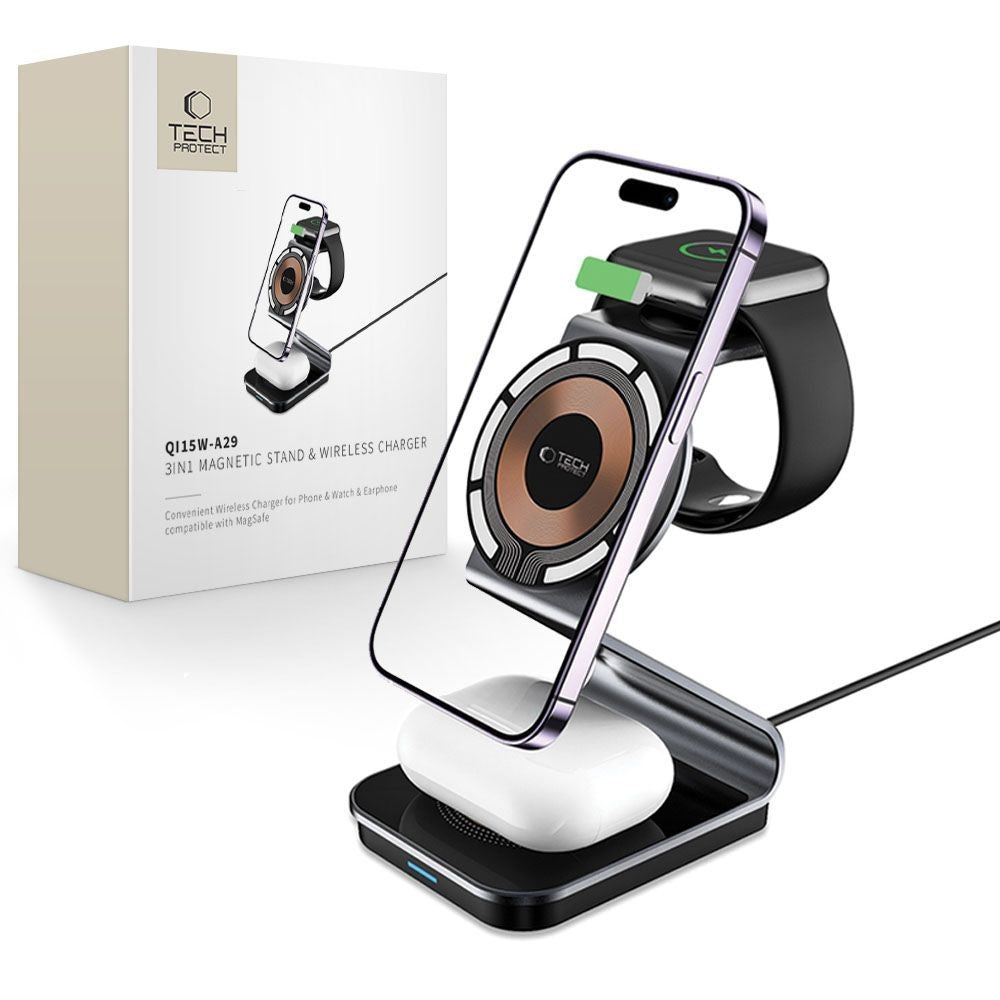 Inductive Charger 3-in-1 Tech-Protect QI15W-A29 με MagSafe για Smartphone / Apple Watch / AirPods Μαύρο | www.lightgear.gr