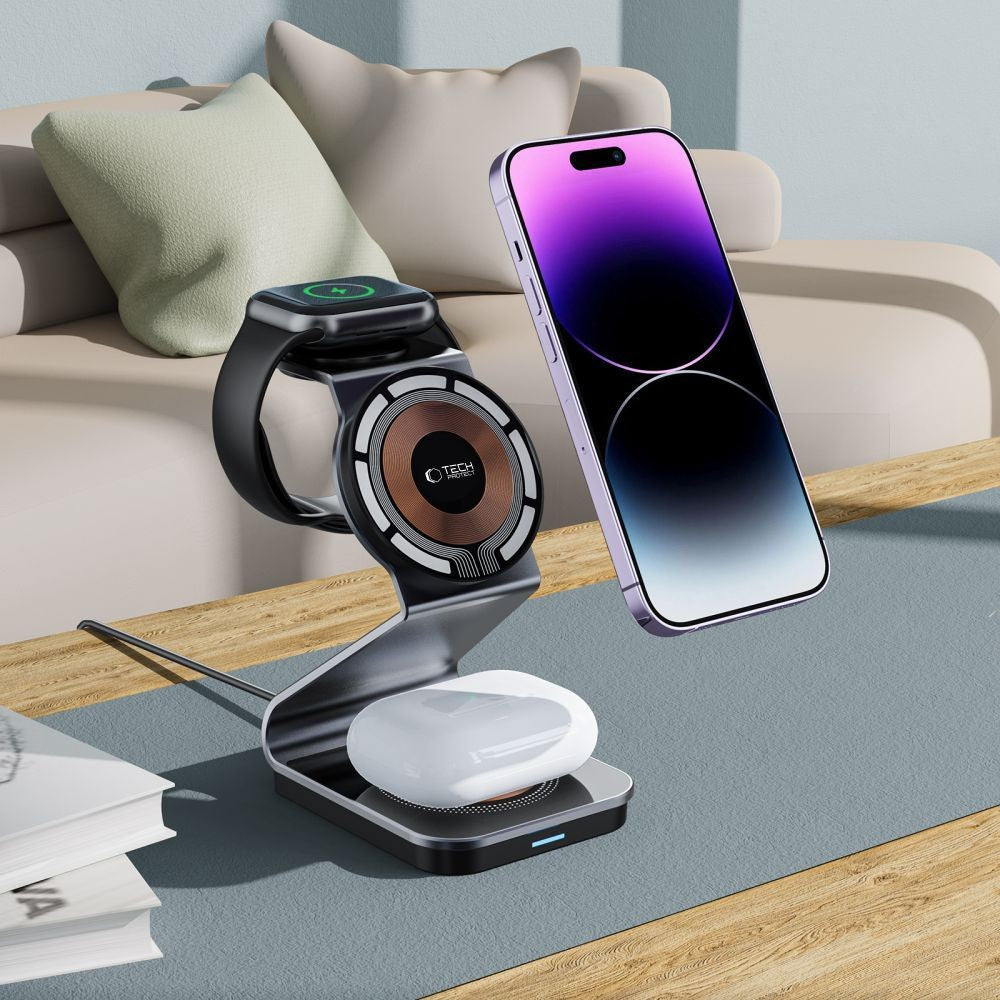 Inductive Charger 3-in-1 Tech-Protect QI15W-A29 με MagSafe για Smartphone / Apple Watch / AirPods Μαύρο | www.lightgear.gr