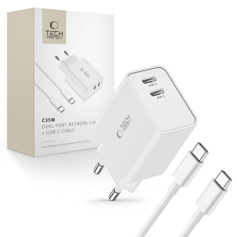 Επιτοίχιος Φορτιστής Tech-Protect C35W 2x USB-C PD 35W με Καλώδιο USB-C / USB-C Λευκό 2τεμ | www.lightgear.gr