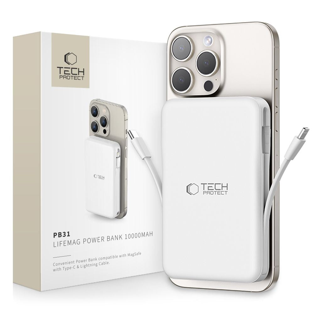 Power Bank Tech-Protect LifeMag PB31 με MagSafe 10000mAh 15W USB-C / USB-A / Built-in USB-C / Lightning Cables Λευκό | www.lightgear.gr