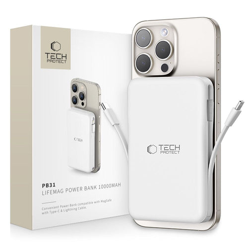 Power Bank Tech-Protect LifeMag PB31 με MagSafe 10000mAh 15W USB-C / USB-A / Built-in USB-C / Lightning Cables Λευκό | www.lightgear.gr