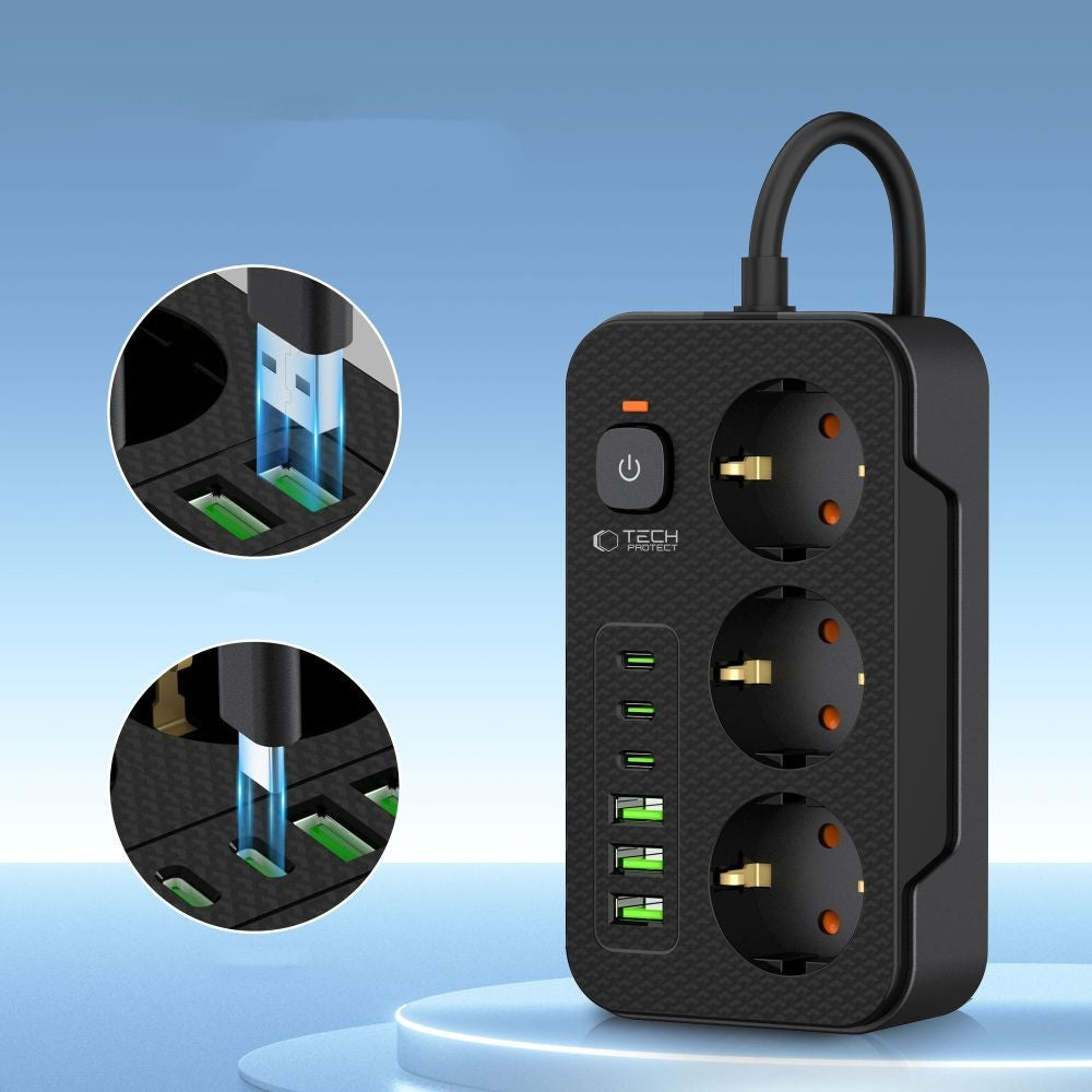 Πολύπριζο Tech-Protect PC3X6 3 Sockets 240V + 3xUSB-A + 3xUSB-C 200cm Μαύρο | www.lightgear.gr