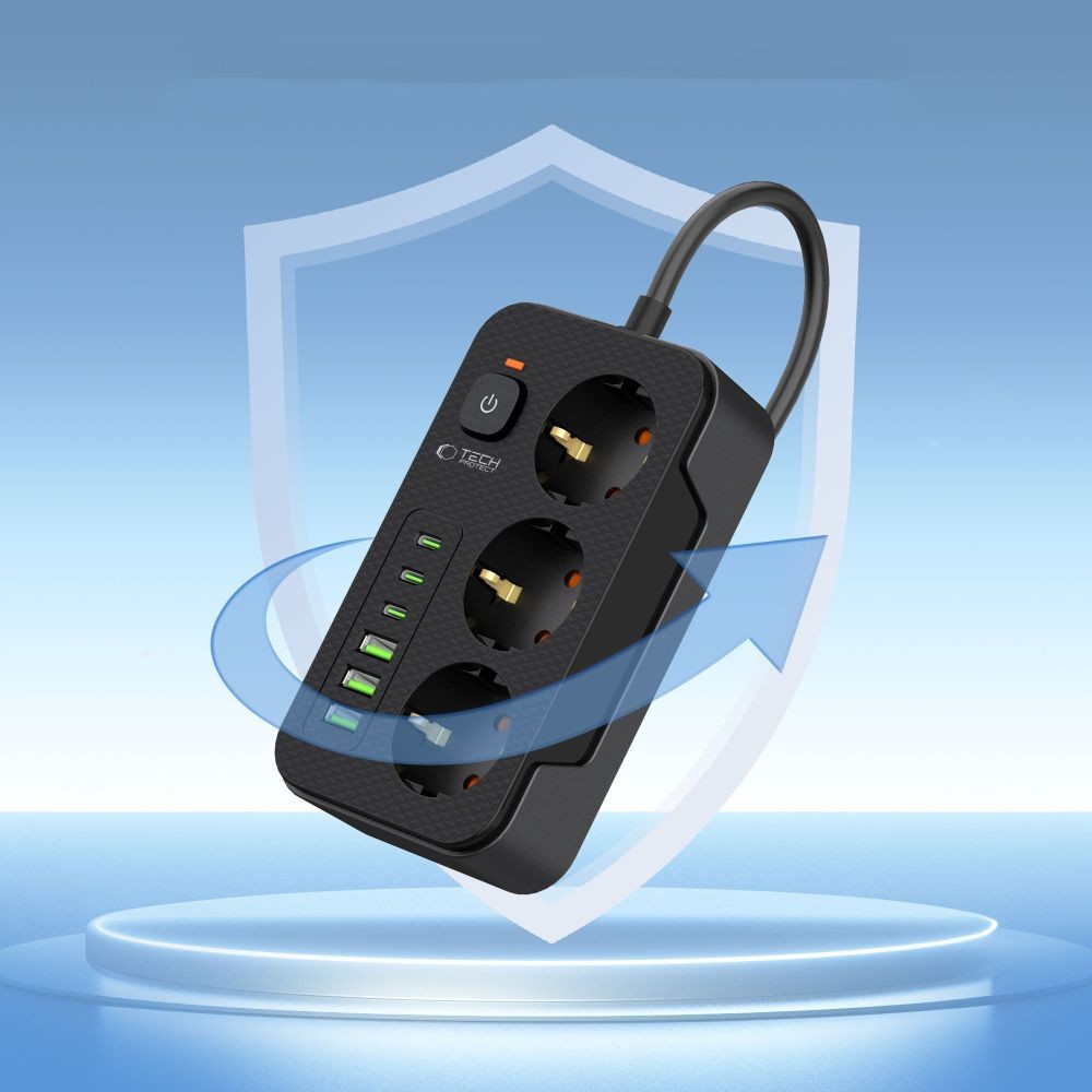 Πολύπριζο Tech-Protect PC3X6 3 Sockets 240V + 3xUSB-A + 3xUSB-C 200cm Μαύρο | www.lightgear.gr