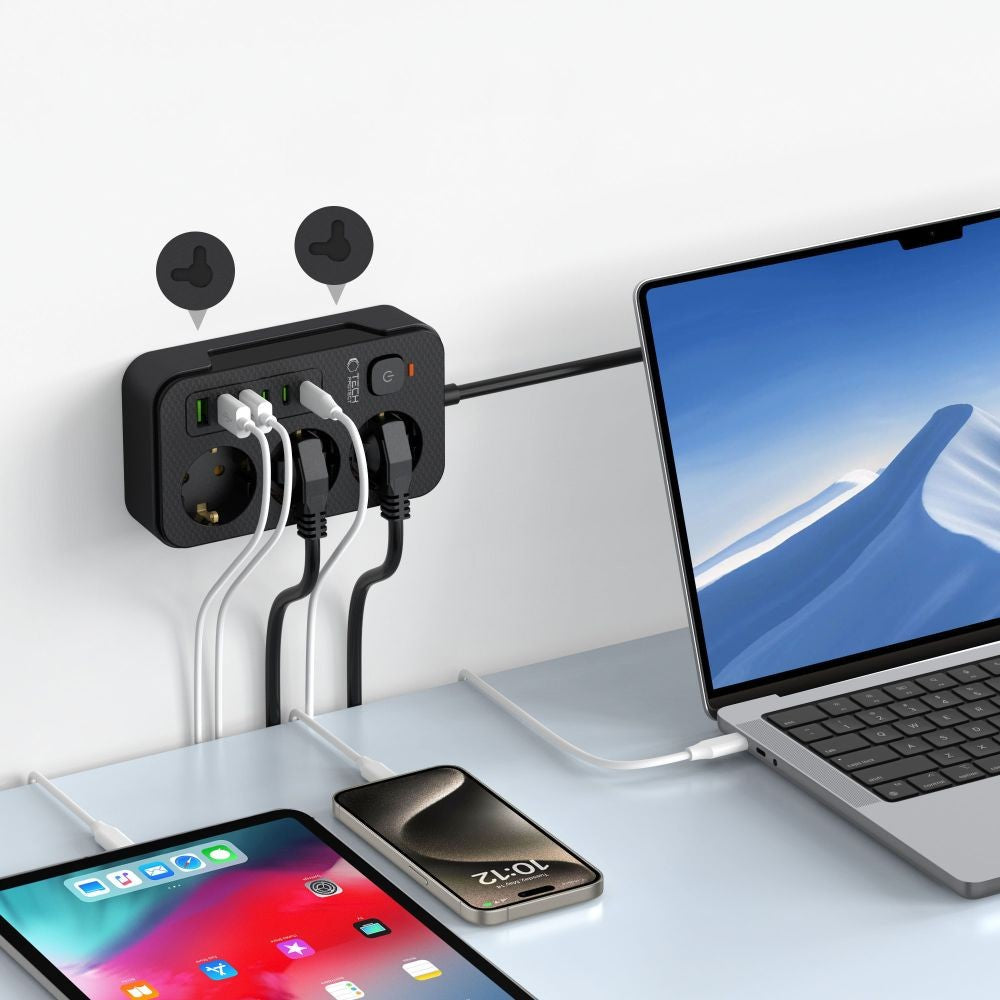 Πολύπριζο Tech-Protect PC3X6 3 Sockets 240V + 3xUSB-A + 3xUSB-C 200cm Μαύρο | www.lightgear.gr