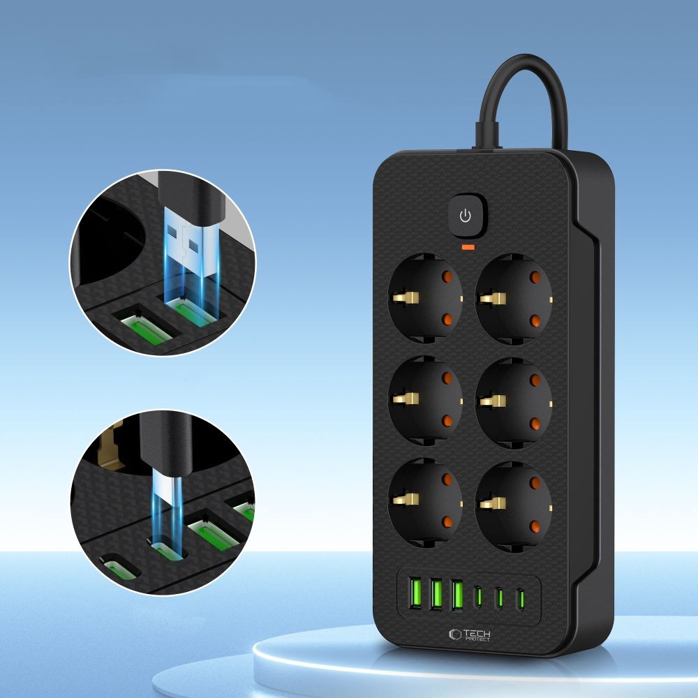 Πολύπριζο Tech-Protect PC6X6 6 Sockets 240V + 3xUSB-A + 3xUSB-C 200cm Μαύρο | www.lightgear.gr