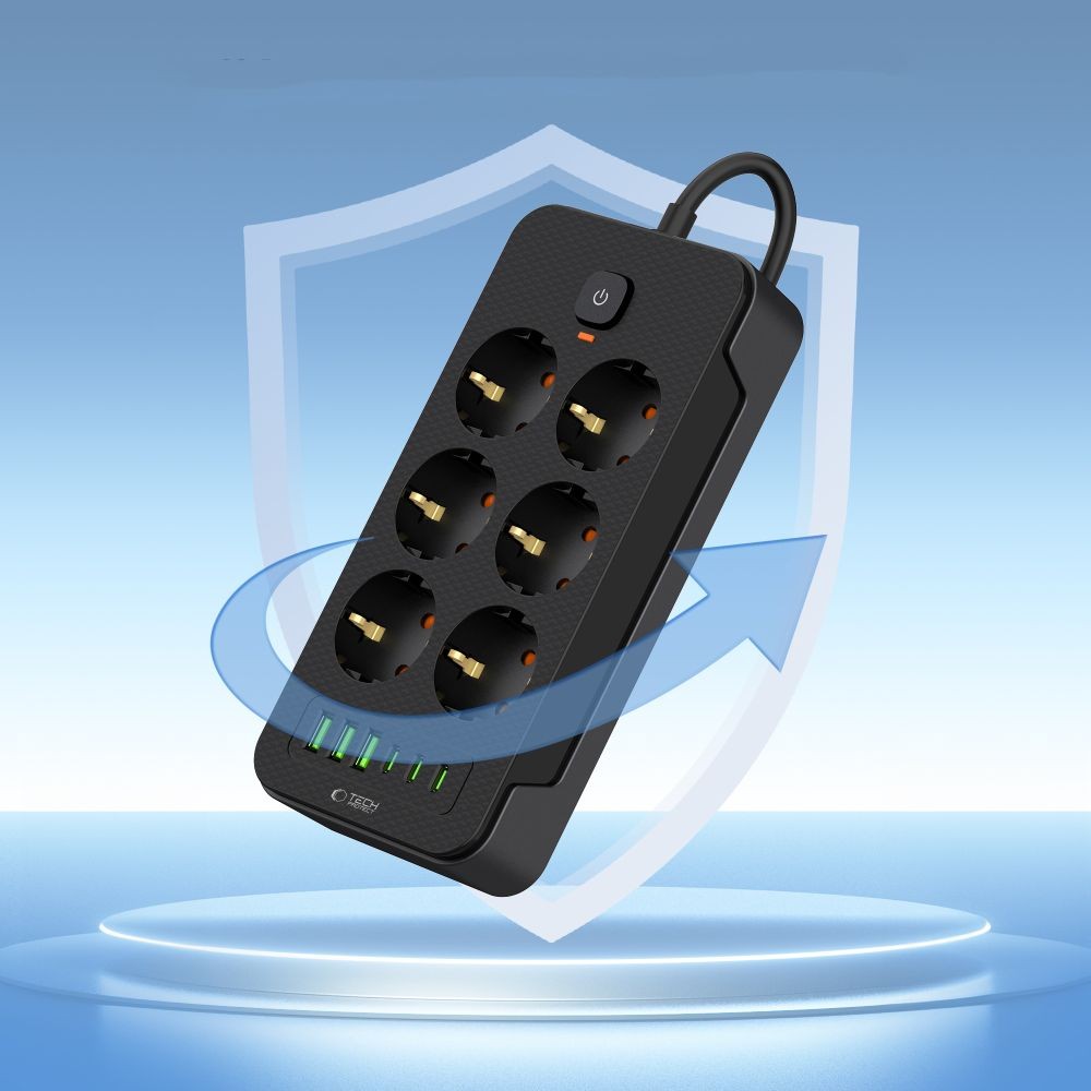 Πολύπριζο Tech-Protect PC6X6 6 Sockets 240V + 3xUSB-A + 3xUSB-C 200cm Μαύρο | www.lightgear.gr