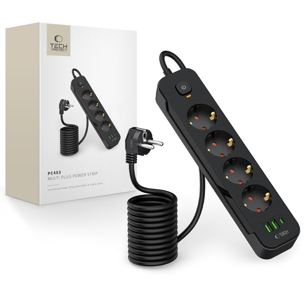 Πολύπριζο Tech-Protect PCL4X3 4 Sockets 240V + 2xUSB-A + 1xUSB-C 200cm Μαύρο | www.lightgear.gr