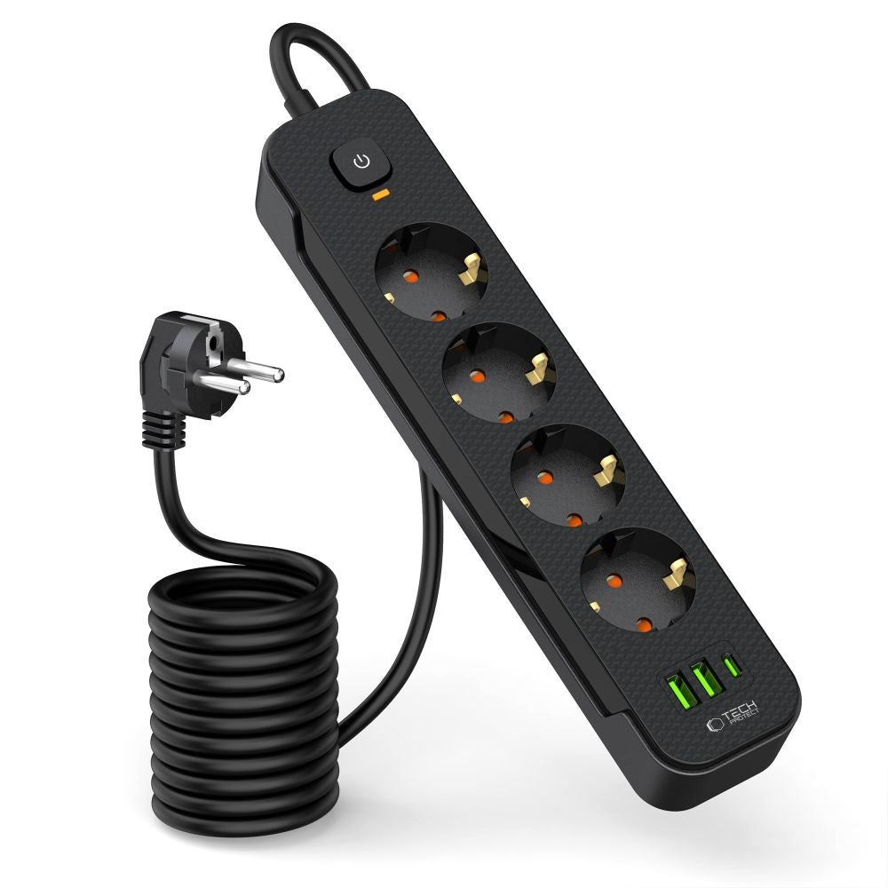 Πολύπριζο Tech-Protect PCL4X3 4 Sockets 240V + 2xUSB-A + 1xUSB-C 200cm Μαύρο | www.lightgear.gr