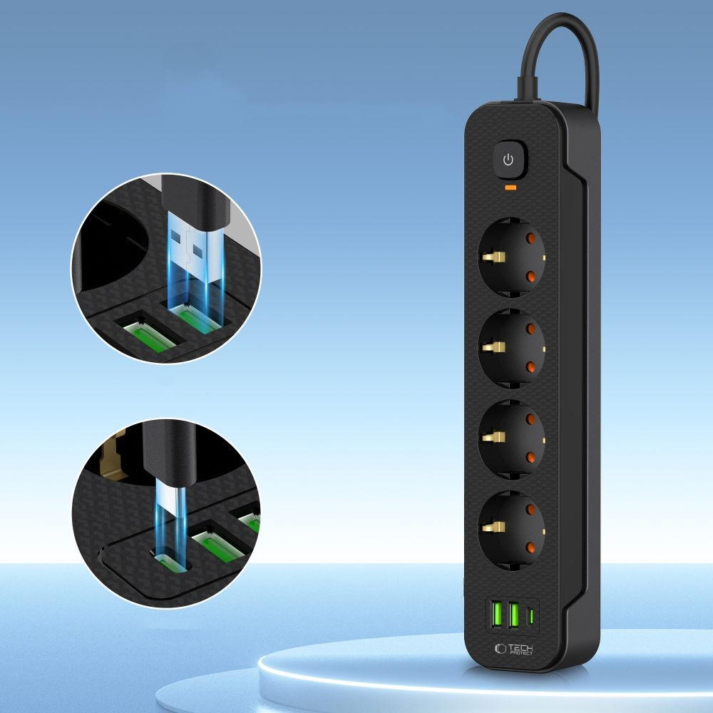 Πολύπριζο Tech-Protect PCL4X3 4 Sockets 240V + 2xUSB-A + 1xUSB-C 200cm Μαύρο | www.lightgear.gr