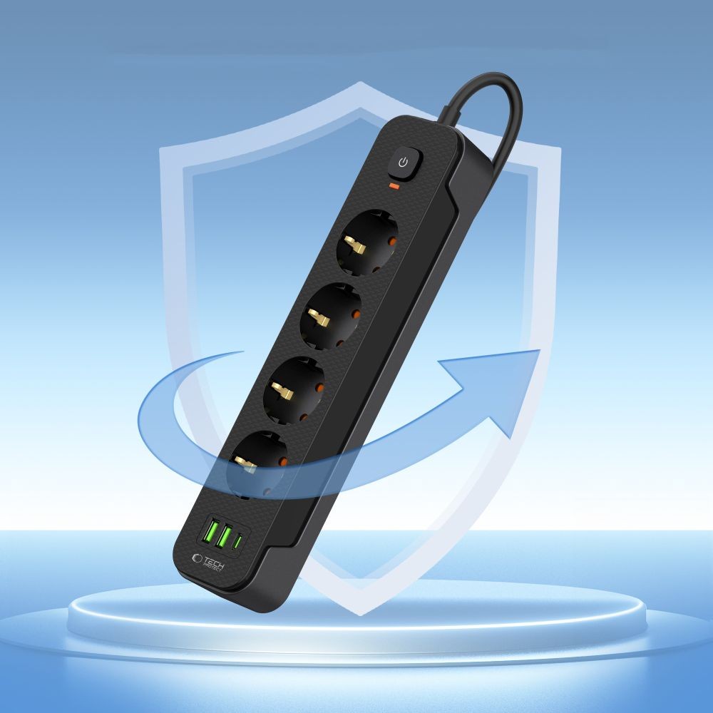 Πολύπριζο Tech-Protect PCL4X3 4 Sockets 240V + 2xUSB-A + 1xUSB-C 200cm Μαύρο | www.lightgear.gr