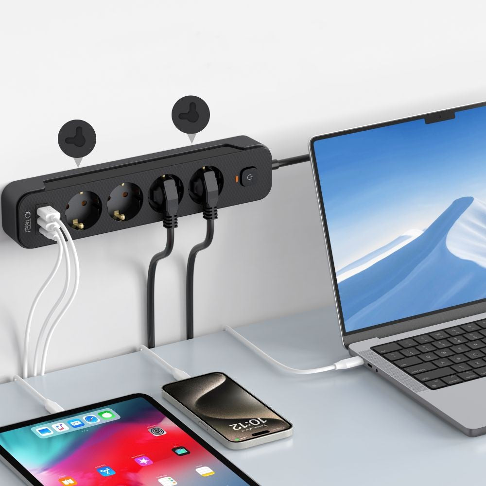 Πολύπριζο Tech-Protect PCL4X3 4 Sockets 240V + 2xUSB-A + 1xUSB-C 200cm Μαύρο | www.lightgear.gr