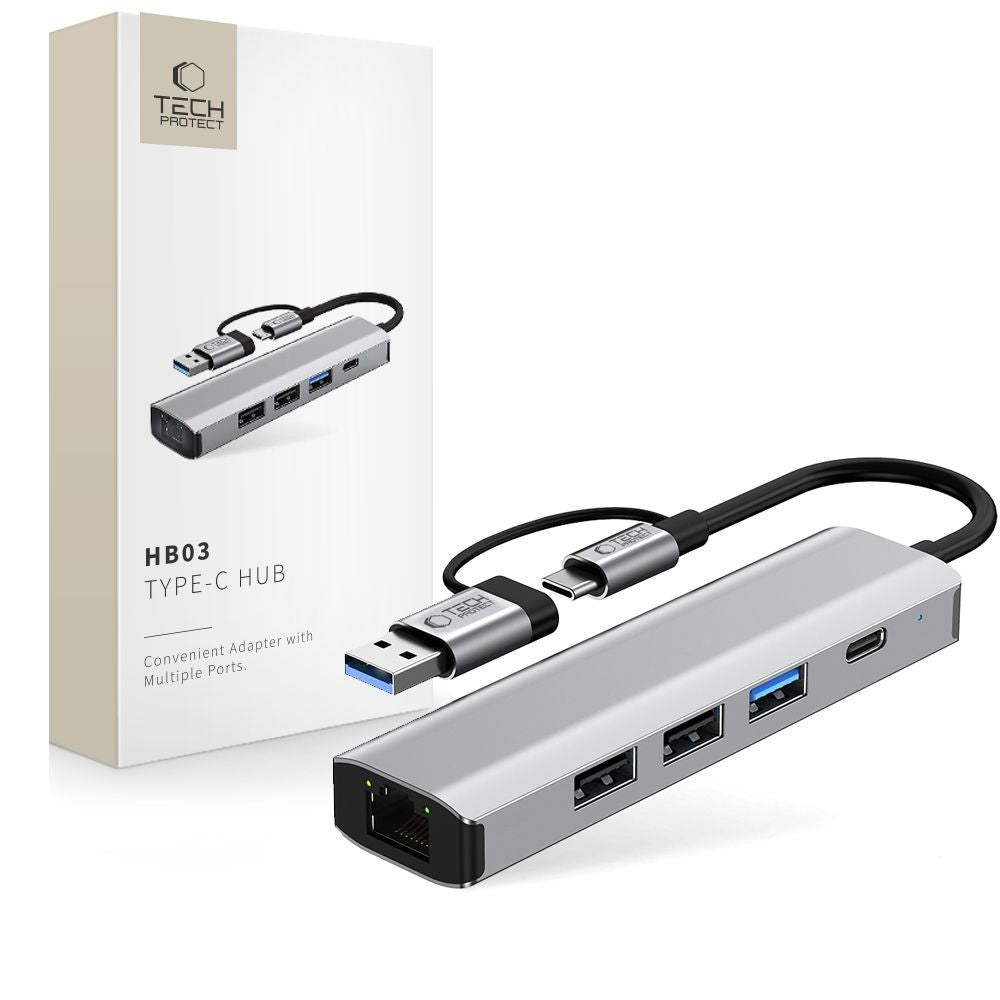 HUB Adapter Tech-Protect HB03 5in1 USB-C + USB2.0 + USB3.0 + RJ45 Γκρι | www.lightgear.gr