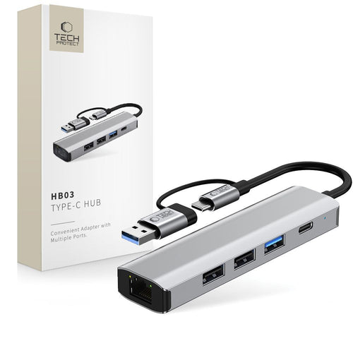 HUB Adapter Tech-Protect HB03 5in1 USB-C + USB2.0 + USB3.0 + RJ45 Γκρι | www.lightgear.gr