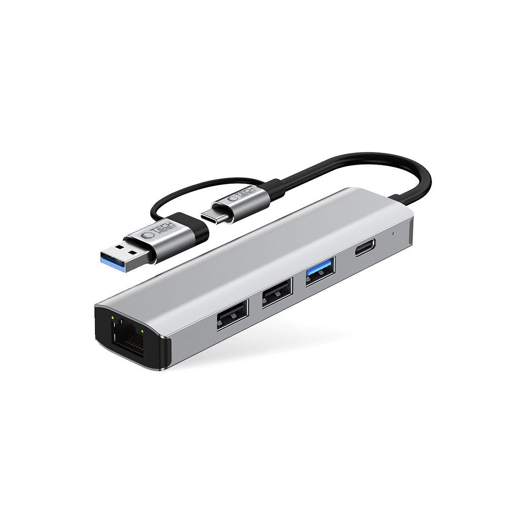 HUB Adapter Tech-Protect HB03 5in1 USB-C + USB2.0 + USB3.0 + RJ45 Γκρι | www.lightgear.gr