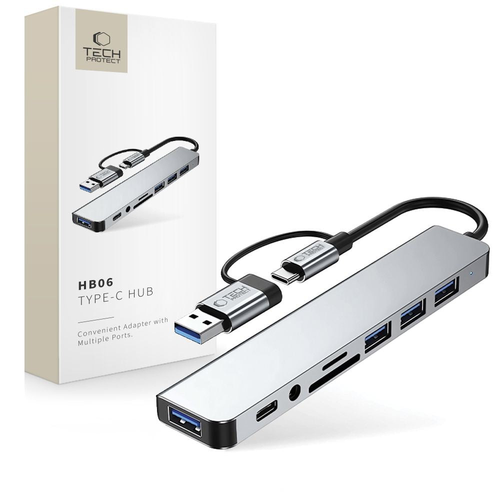 HUB Adapter Tech-Protect HB06 8in1 TYPE-C + USB2.0 + USB3.0 + SD/TF + AV3.5 Γκρι | www.lightgear.gr