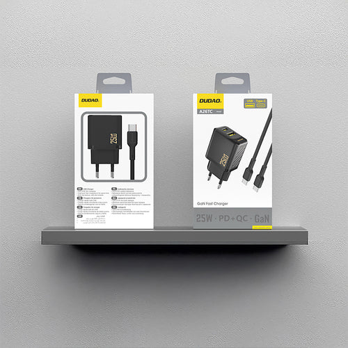 Dudao A26TCEU Φορτιστής Τοίχου GaN PD QC 25W USB-C + USB-A με Καλώδιο - Μαύρο