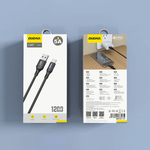 Dudao L3ST Καλώδιο USB-A σε USB-C 5A 1.2m Πλεκτό - Μαύρο