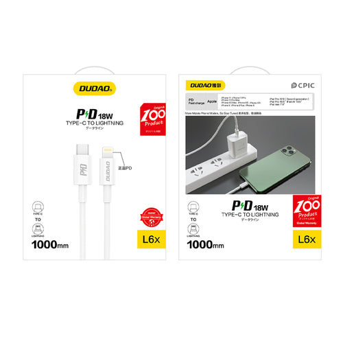 Dudao L6X Καλώδιο USB-C σε Lightning PD 20W 1m - Λευκό